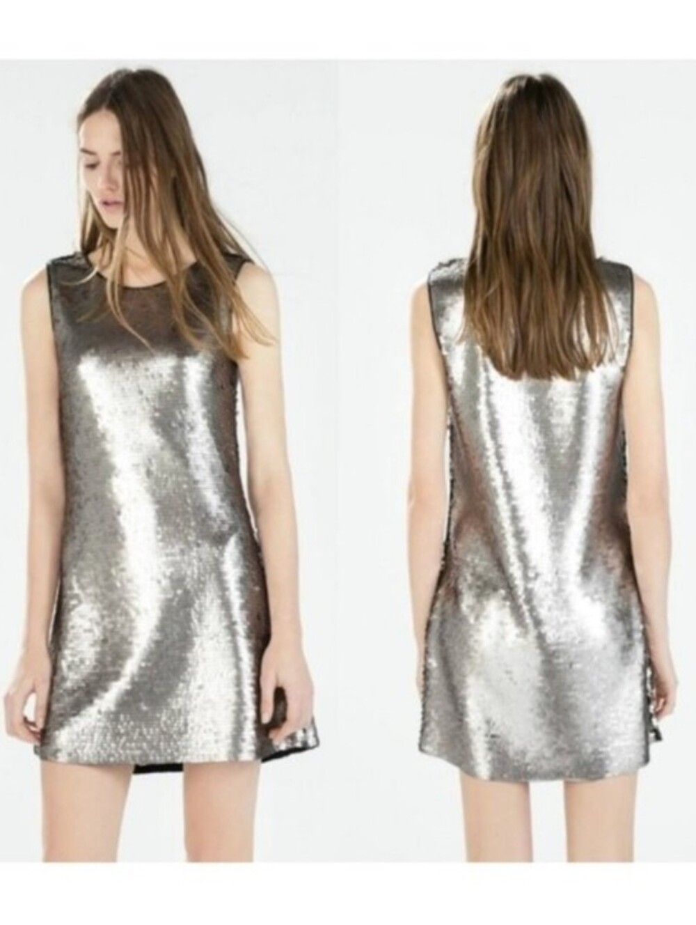 Zara Metallic Silver Sequin Mini Dress Womens Size Medium Sleeveless Shift Party - Picture 1 of 14